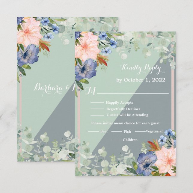 Dusty Blue Peach Green Wedding  RSVP Card (Front/Back)