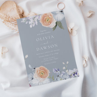 Dusty Blue & Peach Modern Elegant Wedding Invitation