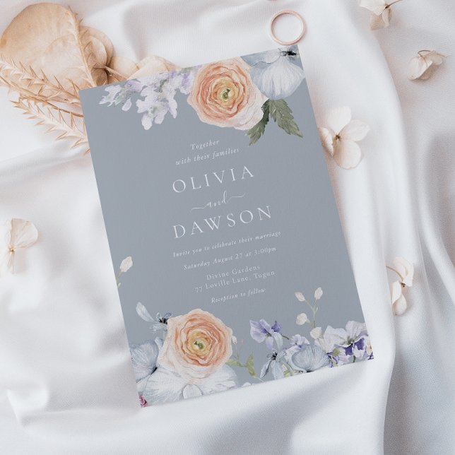 Dusty Blue & Peach Modern Elegant Wedding Invitation (Creator Uploaded)