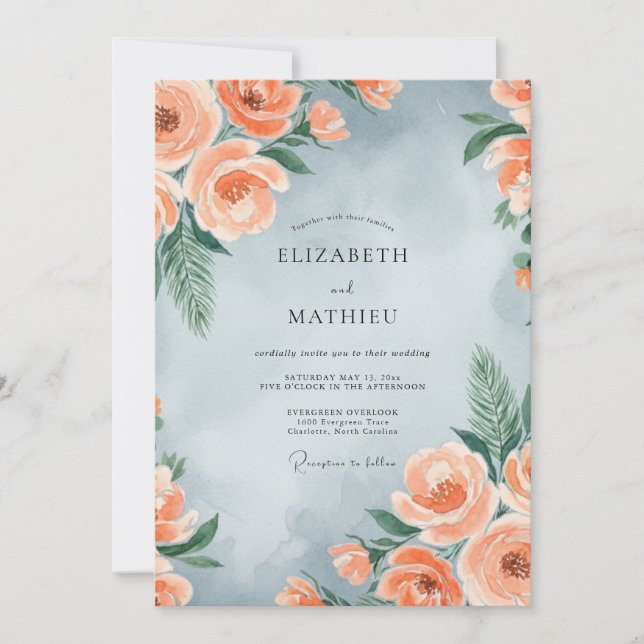 Dusty Blue Peach Painterly Spring Wedding Invitation (Front)