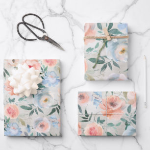 Dusty Blue & Peach Pink Peony Garden Wrapping Paper Sheets