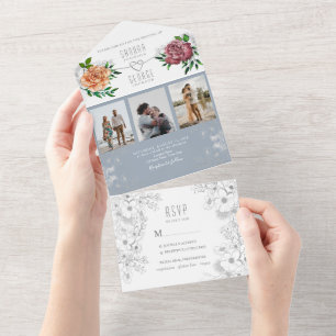 Dusty Blue Peach Pink Photo Wedding Invitation