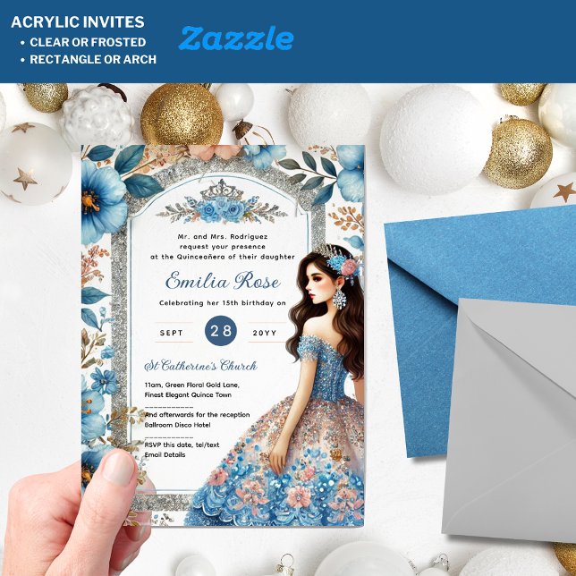 Dusty BLUE Peach Quinceañera Dress Floral Quince Acrylic Invitations (Creator Uploaded)