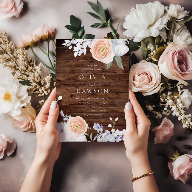 Dusty Blue & Peach Rustic Wood Wedding Invitation (Creator Uploaded)