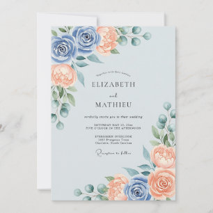 Dusty Blue Peach Splendid Spring Wedding Invitation