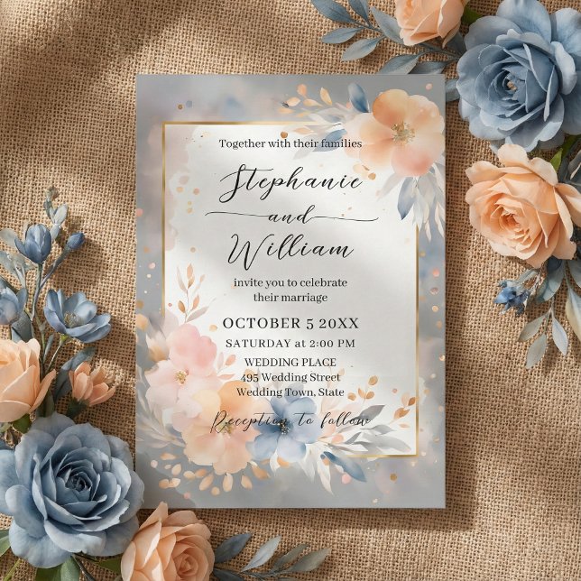 Dusty Blue Peach Watercolor Floral Gold Wedding Invitation (Creator Uploaded)