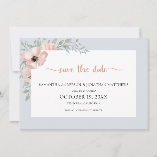 Dusty Blue Peach Watercolor Floral Save The Date (Front)