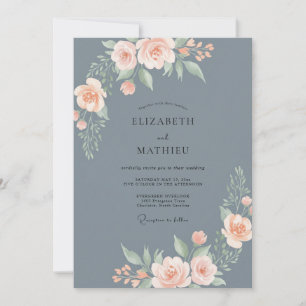 Dusty Blue Peach Watercolor Wedding Invitation