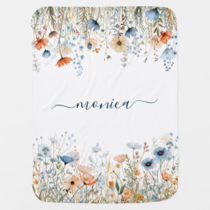Dusty Blue Peach Watercolor Wildflowers Name Baby Blanket