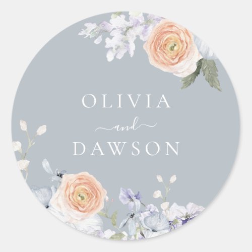 Dusty Blue  Peach Wedding or Engagement Classic Round Sticker