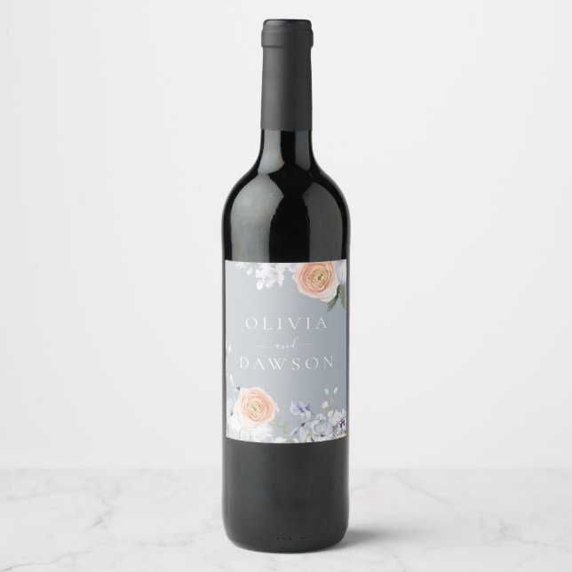 Dusty Blue & Peach Wedding Party or Engagement Wine Label (Front)