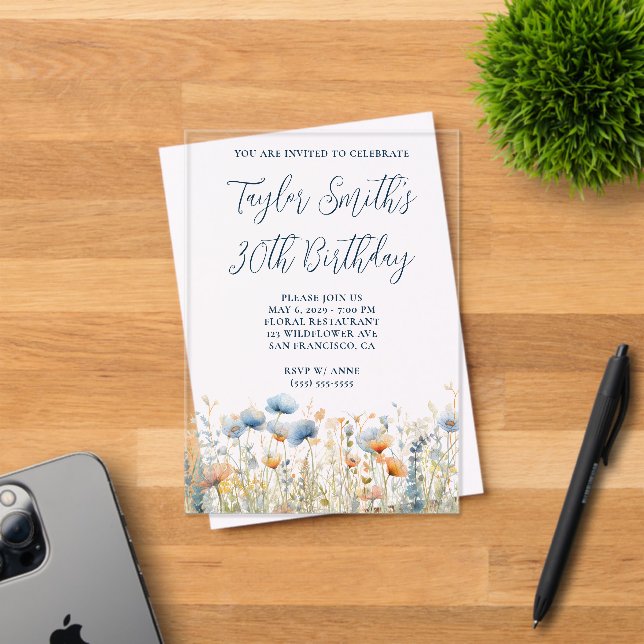 Dusty Blue Peach Wildflowers 30th Birthday Acrylic Invitations (Insitu (Invitation Card))