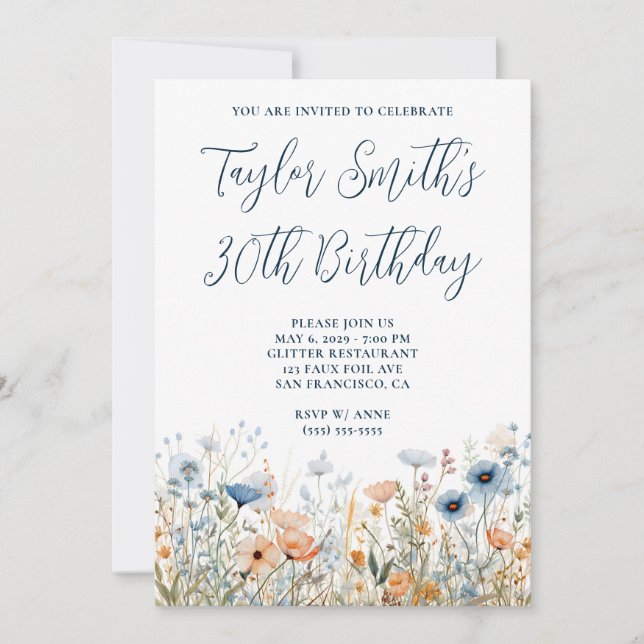 Dusty Blue Peach Wildflowers 30th Birthday Invitation (Front)