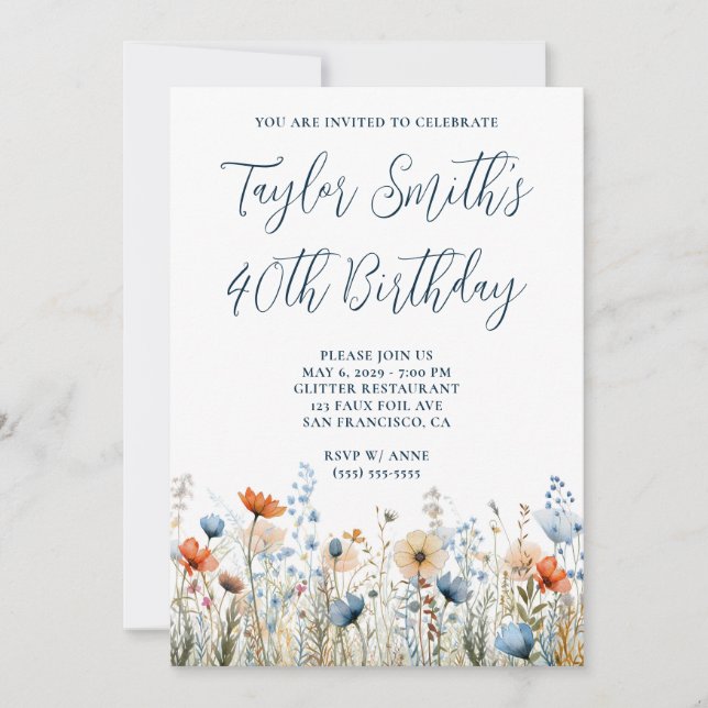 Dusty Blue Peach Wildflowers 40th Birthday Invitation (Front)