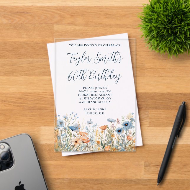 Dusty Blue Peach Wildflowers 60th Birthday Acrylic Invitations (Insitu (Invitation Card))