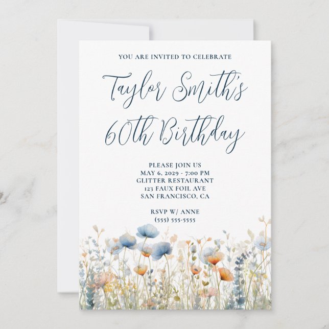 Dusty Blue Peach Wildflowers 60th Birthday Invitation (Front)