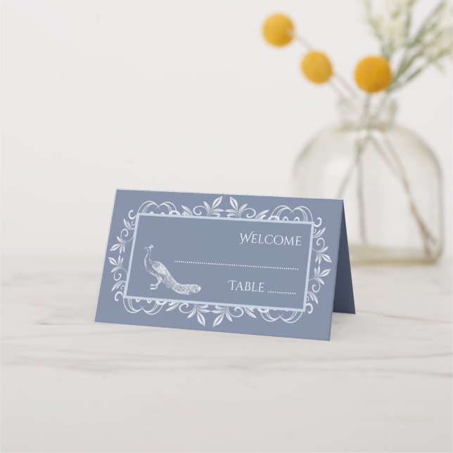 Dusty Blue Peacock Flourish Reception Place Card (Front)