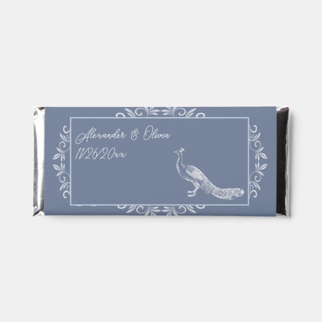 Dusty Blue Peacock Flourish Wedding Hershey Bar Favors (Front)
