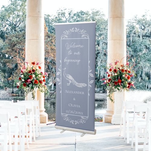 Dusty Blue Peacock Flourish Wedding Retractable Banner