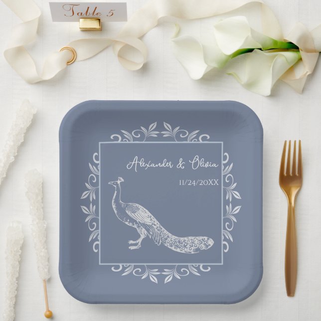 Dusty Blue Peacock Flourish Wedding Shower Paper Plates (Wedding)