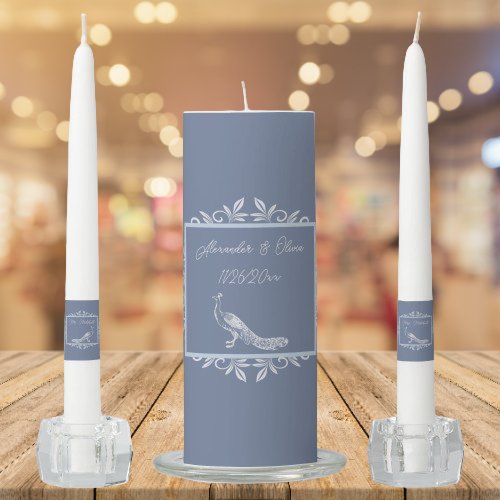 Dusty Blue Peacock Flourish Wedding Unity Candle Set