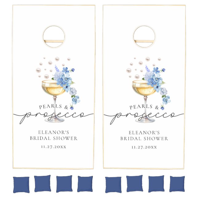 Dusty Blue Pearls & Prosecco Bridal Shower Cornhole Set (Set)