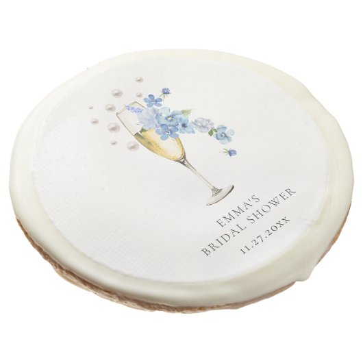 Dusty Blue Pearls & Prosecco Bridal Shower Favor Sugar Cookie (Angled)