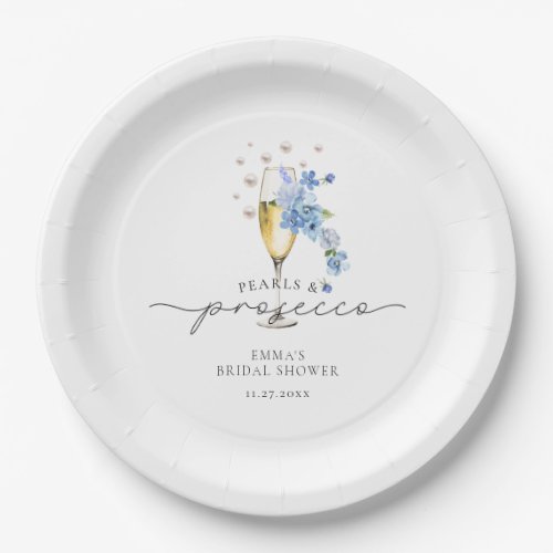 Dusty Blue Pearls  Prosecco Bridal Shower Paper Plates