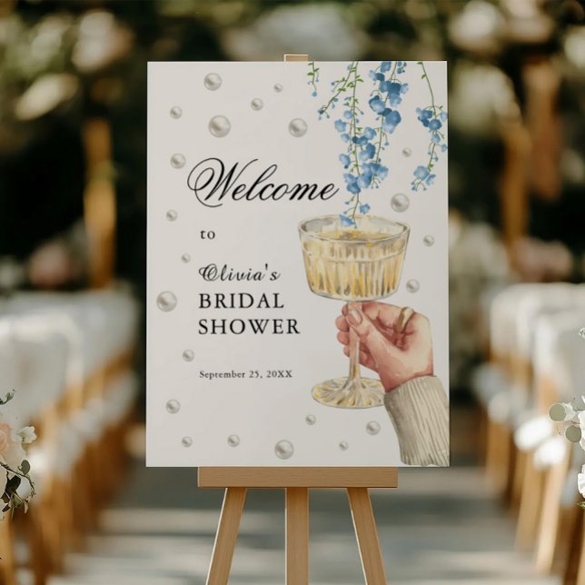 Dusty Blue Pearls & Prosecco Bridal Shower Welcome Foam Board (Creator Uploaded)