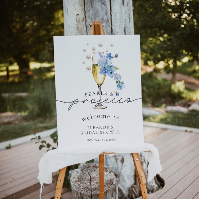 Dusty Blue Pearls & Prosecco Bridal Shower Welcome Foam Board (Creator Uploaded)