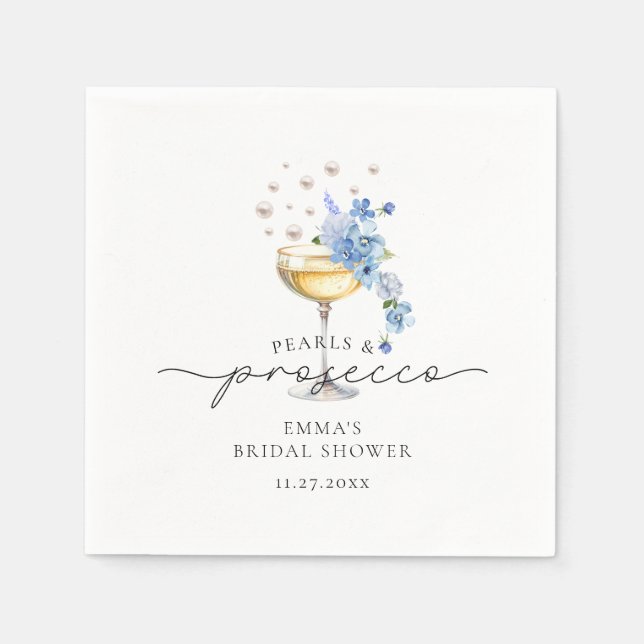 Dusty Blue Pearls & Prosecco Floral Bridal Shower Napkins (Front)