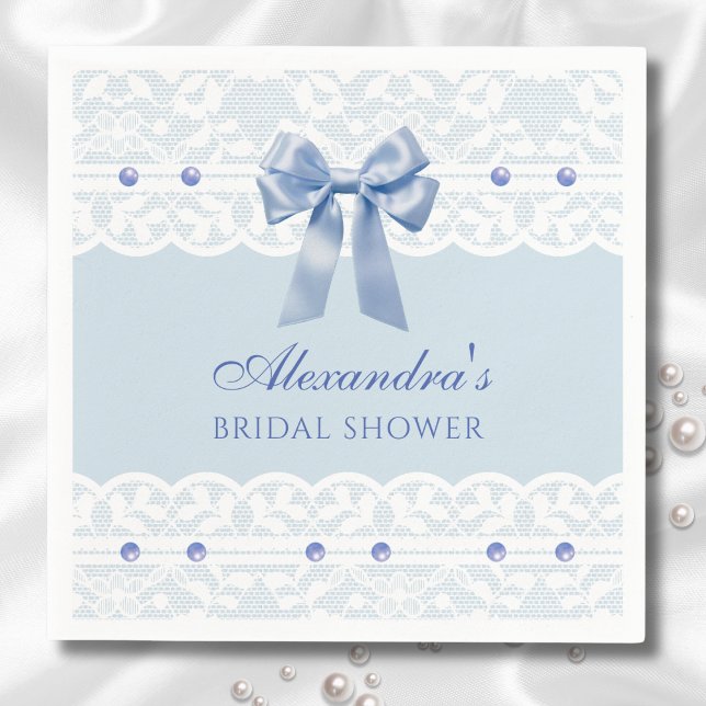 Dusty Blue Pearls Satin Bow Lace Bridal Shower Napkins (Creator Uploaded)