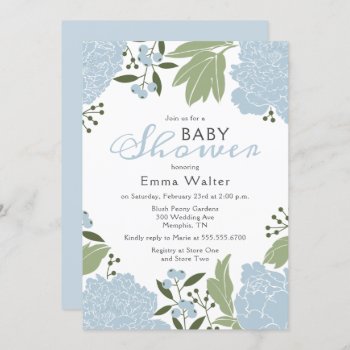 Dusty Blue Peonies Baby Shower Invitation by prettypicture at Zazzle