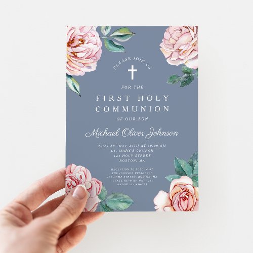 Dusty Blue Peonies Religious Boy First Communion Invitation