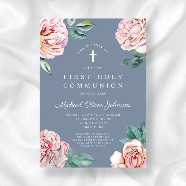 Dusty Blue Peonies Religious Boy First Communion Invitation (Dusty Blue Peonies Religious Boy First Communion Invitation)