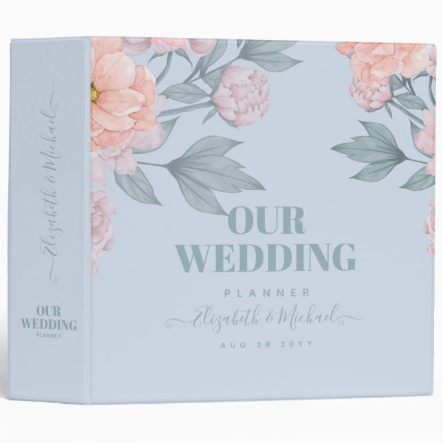 Dusty Blue Peonies Wedding 3 Ring Binder (Front/Spine)