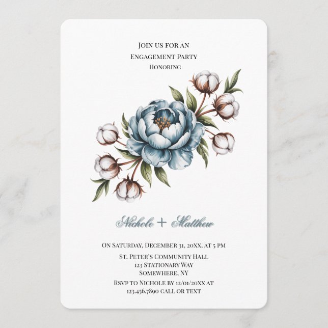 Dusty Blue Peony and Cotton Engagement Party Invitation (Front)