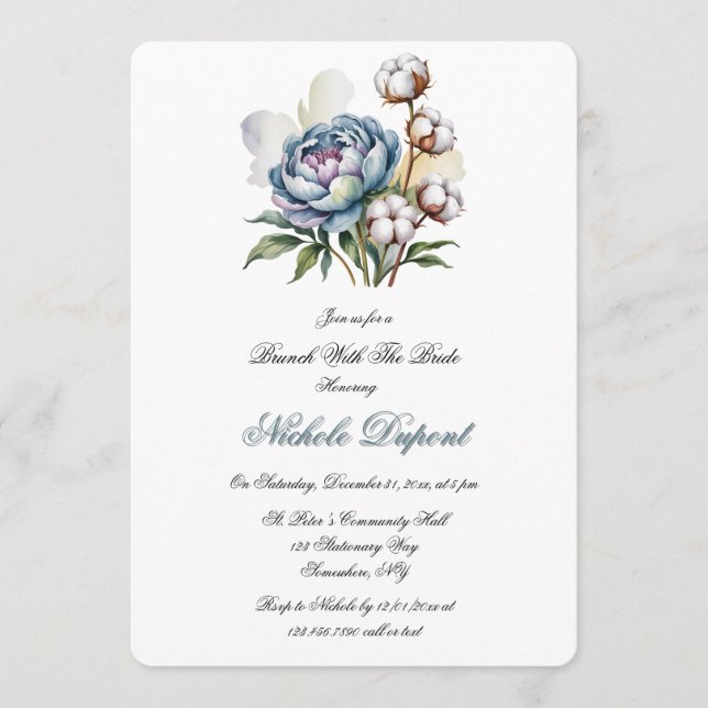 Dusty Blue Peony and Cotton Lunch With The Bride Invitation (Front)