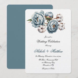 Dusty Blue Peony and Cotton Wedding Celebration Invitation