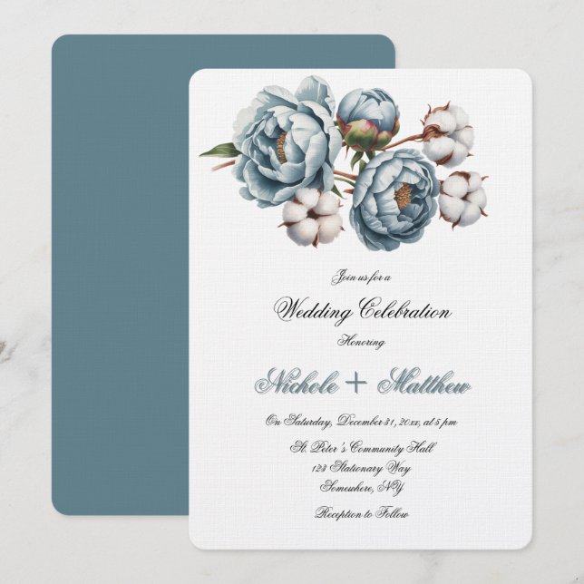 Dusty Blue Peony and Cotton Wedding Celebration Invitation (Front/Back)