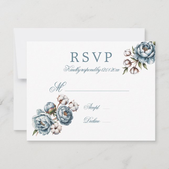 Dusty Blue Peony and Cotton Wedding RSVP Card (Front)