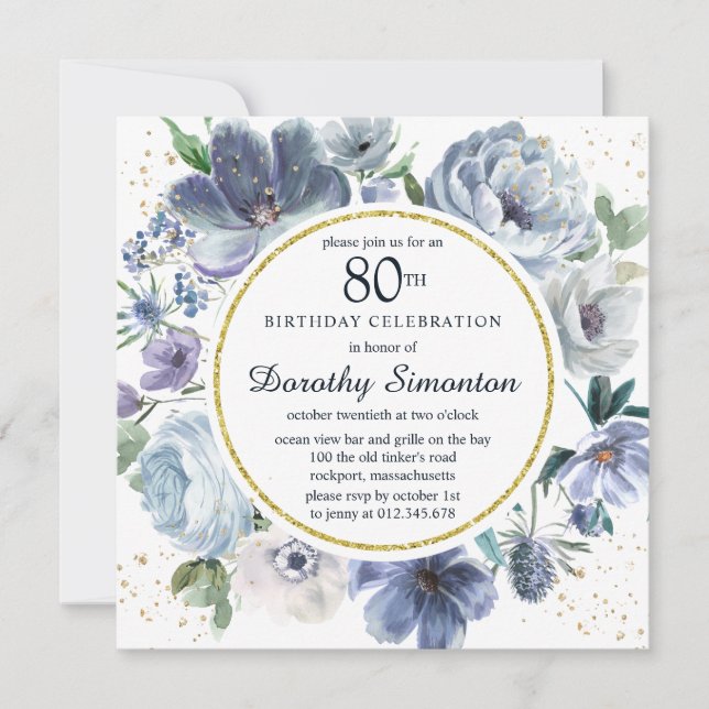 Dusty Blue Peony Floral 80th Birthday Party Invitation (Front)