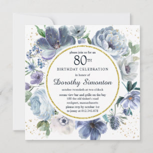 Dusty Blue Peony Floral 80th Birthday Party Invitation