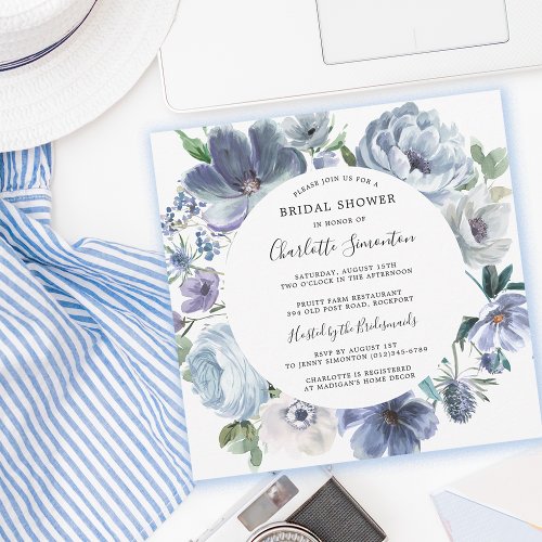 Dusty Blue Peony Floral Bridal Shower Square Invitation