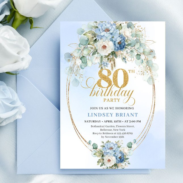 Dusty Blue Peony Floral Gold Elegant 80th Invite (Dusty Blue Peony Floral Gold Elegant 80th Invite)