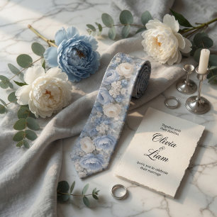 Dusty Blue Peony Floral Wedding Neck Tie