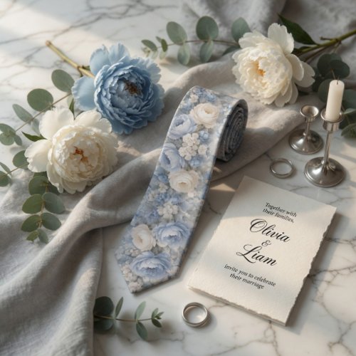 Dusty Blue Peony Floral Wedding Neck Tie