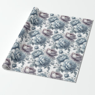 Dusty Blue Peony Flowers Elegant Watercolor  Wrapping Paper