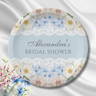 Dusty Blue Peony Hydrangea Bridal Shower Paper Plates