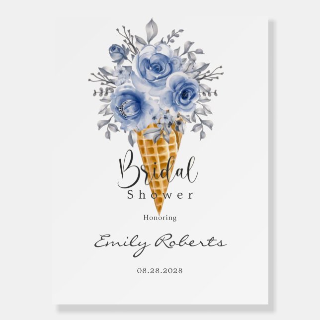 Dusty Blue Peony Ice Cream Cone Bridal Shower Foam Board (Front)
